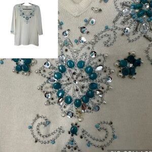 Quaker Factory Sweater Embellished w/ Beads & Sequins Cream & Turquoise Size S